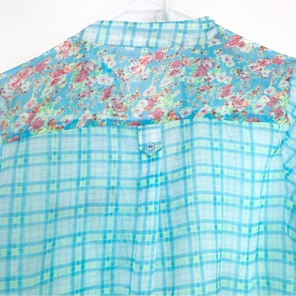 Truth Plaid Floral Teal Semi Sheer Button Down Cottagecore Blouse - Picture 5 of 13